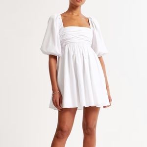 White Ruched Puff Sleeve Mini Dress bachelorette bridal MEDIUM Abercrombie A&F